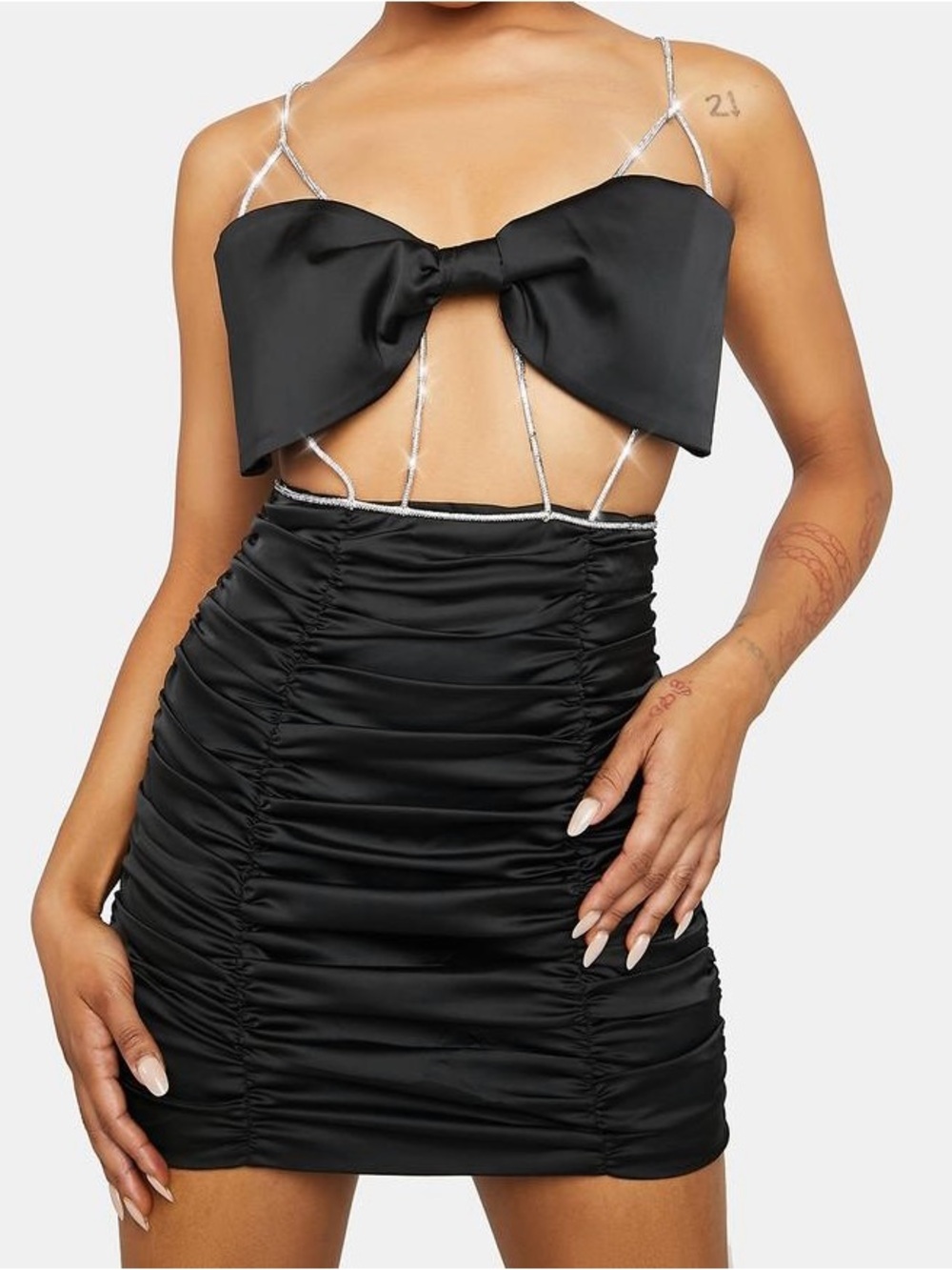 Black Satin Bow Mini Dress